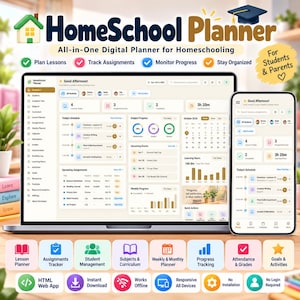 Puede incluir: Un planificador digital HomeSchool mostrado en una pantalla de portátil y smartphone, con un panel de control que incluye perfiles de estudiantes, horarios de lecciones, gráficos de progreso y seguimiento de tareas. Incluye iconos de gestión.