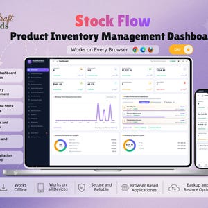 Könnte beinhalten: Ein digitales Bestandsverwaltungs-Dashboard mit dem Titel Stock Flow, das auf einem Laptop- und Smartphone-Bildschirm angezeigt wird. Die Benutzeroberfläche zeigt Analysen, Umsatztrends und Bestandsdiagramme vor einem violetten Hintergrund.