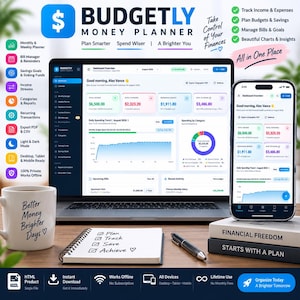 Puede incluir: Un panel de control digital de Budgetly Money Planner mostrado en la pantalla de una computadora portátil y un teléfono inteligente. La interfaz muestra resúmenes financieros, gráficos y seguimiento de presupuesto. Incluye una taza blanca con texto, un cuaderno de espiral con notas escritas a mano y un bolígrafo.