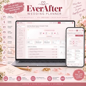 以下が含まれることがあります： EverAfter Wedding Plannerというタイトルのデジタル結婚式計画ダッシュボードが、ノートパソコンとスマートフォンの画面に表示されています。インターフェースはピンクと白の配色で、タイムライン、予算、ゲストリスト、ベンダー追跡のためのセクションが特徴です。