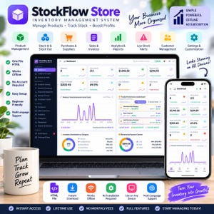 May include: A laptop and smartphone displaying the StockFlow Store inventory management system dashboard with charts, metrics, and navigation menus. A white mug with the text Plan Track Grow Repeat sits to the left of the devices.