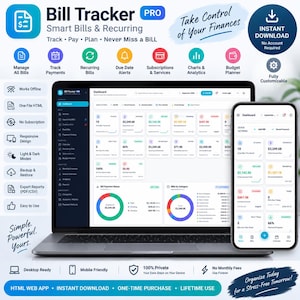 Könnte beinhalten: Eine digitale Bill Tracker Pro Software-Oberfläche auf einem Laptop-Bildschirm und einem Smartphone. Das Dashboard zeigt Finanzdaten, Diagramme und Zahlungsstatus. Der Text umfasst Bill Tracker Pro, Smart Bills & Recurring und Take Control of Your Finances. Symbole stehen für Rechnungsverwaltung, Zahlungen und Analysen.