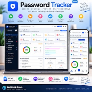 Peut inclure: Une interface numérique Password Tracker Pro affichée sur un écran d'ordinateur portable et de smartphone. Le tableau de bord présente des mesures de sécurité, des graphiques de force des mots de passe et des menus. Texte inclus : Password Tracker Pro, Secure, Organize, Protect, Stay Productive, WebCraft Goods.