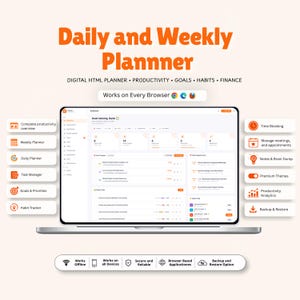 Op de afbeelding: Een digitale dag- en weekplanner weergegeven op een laptopscherm. De interface bevat een dashboard met secties voor productiviteit, doelen, gewoontes en financiën. De tekst bevat "Daily and Weekly Plannner" en "Works on Every Browser".