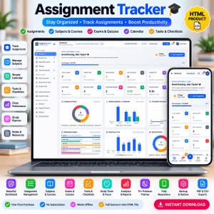 Op de afbeelding: Een Assignment Tracker digitaal dashboard weergegeven op een laptopscherm en een smartphone. De interface heeft een dark mode lay-out met kleurrijke grafieken, voortgangsbalken en takenlijsten voor het beheren van opdrachten en studieplanningen.