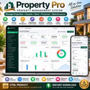 Puede incluir: Un panel de control del sistema de gestión Property Pro en una pantalla de portátil y smartphone. La interfaz muestra gráficos financieros, tasas de ocupación y datos inmobiliarios. El texto incluye Property Pro, All-in-One Solution e Instant Download.