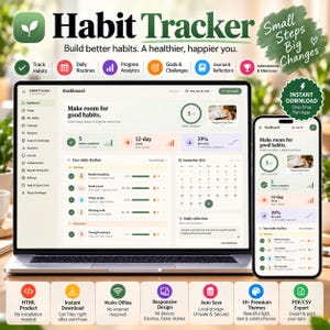 May include: A digital habit tracker application displayed on a laptop and a smartphone screen. The interface features a dashboard with progress analytics, daily routines, a calendar, and goal tracking sections with text labels in English.