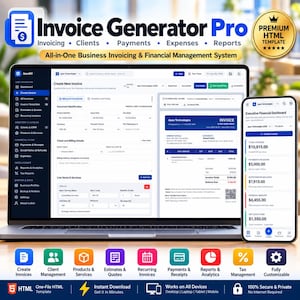 Puede incluir: Interfaz del software Invoice Generator Pro mostrada en la pantalla de una computadora portátil y un teléfono inteligente. El panel muestra herramientas de gestión financiera, formularios de creación de facturas y métricas comerciales.