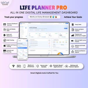 Könnte beinhalten: Ein digitales Lebensmanagement-Dashboard namens Life Planner Pro, dargestellt auf einem Laptop- und Smartphone-Bildschirm. Die Benutzeroberfläche enthält Bereiche für Aufgaben, Ziele, Gewohnheitsverfolgung, Budget und Kalender mit beschrifteten Funktionen.