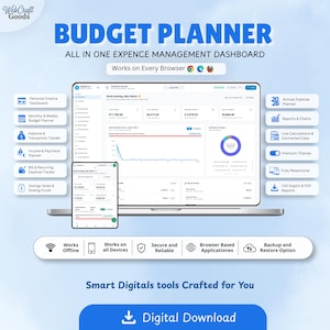May include: A digital budget planner dashboard displayed on a laptop and smartphone screen. The interface features financial charts, expense tracking, and savings goals. Text includes WebCraft Goods, Budget Planner, All In One Expence Management Dashboard, Works on Every Browser, and Smart Digitals tools Crafted for You.