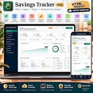 Op de afbeelding: Een digitaal Savings Tracker Pro dashboard weergegeven op een laptop- en smartphonescherm. De interface bevat financiële gegevens, grafieken voor spaargroei, cirkeldiagrammen voor toewijzing en activiteitenlogboeken. De tekst bevat Savings Tracker Pro, Plan, Save, Track, Achieve Your Goals en HTML Product Instant Download.