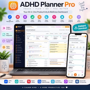 Op de afbeelding: Een digitaal ADHD Planner Pro dashboard weergegeven op een laptopscherm en een smartphone. De interface bevat taakbeheer, gewoonte-tracking en productiviteitswidgets met een strakke lay-out. Tekst bevat 'ADHD Planner Pro', 'Focus, Plan, Do, Feel Better' en 'Your All-in-One Productivity & Wellness Dashboard'.
