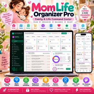 Op de afbeelding: Het digitale Mom Life Organizer Pro dashboard weergegeven op een laptop- en smartphonescherm. De interface bevat een Executive Dashboard met secties voor taken, financiën, gewoonten en een dagelijks schema, naast iconen voor planning en organisatie.