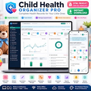 Pode incluir: Um painel digital Child Health Organizer Pro exibido na tela de um laptop e smartphone, apresentando rastreamento de registros de saúde, gráficos de crescimento, gerenciamento de consultas e monitoramento de despesas.
