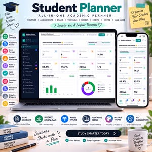 May include: A digital student planner displayed on a laptop and smartphone screen, featuring an academic dashboard with charts, assignment trackers, and study schedules. The interface includes text labels like Student Planner, Academic Dashboard, and Study Smarter Today.