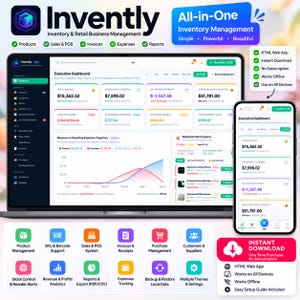 Puede incluir: Una interfaz digital para el software de gestión de inventario y comercio minorista Invently, mostrada en la pantalla de una computadora portátil y un teléfono inteligente. El panel muestra métricas financieras y alertas de stock.
