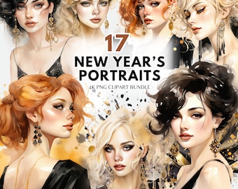 New Year Clipart PNG Fashion Girl Clipart Woman PNG Girl Fashion Black and Gold Party Clipart Planner New Year PNG Junk Journal Paper Crafts