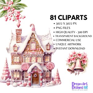 May include: A watercolour illustration of a gingerbread house with a snow-covered roof, candy accents, and two large lollipops. The image includes pink and white Christmas trees, bells, and text that reads "81 Cliparts".