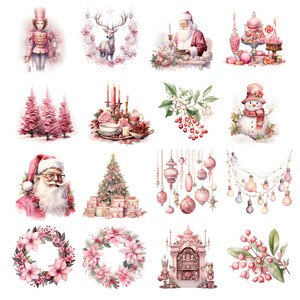 May include: A collection of watercolour illustrations featuring Christmas and festive decorations. The image includes a nutcracker, a reindeer, Santa Claus, a snowman, Christmas trees, ornaments, wreaths, and a decorative display, in pink and white hues.