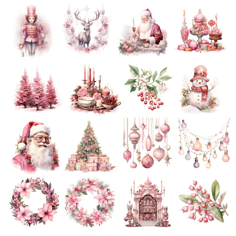 May include: A collection of watercolour illustrations featuring Christmas and festive decorations. The image includes a nutcracker, a reindeer, Santa Claus, a snowman, Christmas trees, ornaments, wreaths, and a decorative display, in pink and white hues.