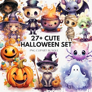 Grillige Halloween karakters Clipart - Pastel & Happy Halloween kunst voor ambachten en decor - aquarel PNG, Instant Download