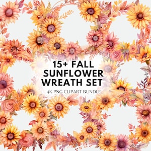 Pacchetto PNG di ghirlande di girasoli autunnali Pacchetto di fiori autunnali Clipart Png Girasole acquerello Autunno Clipart Girasole PNG Pacchetto di sublimazione