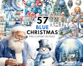 Blue Christmas Clipart Bundle, Watercolor Cottagecore PNG (Digital Download)