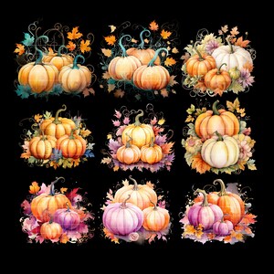 May include: Nine watercolor illustrations of pumpkins with fall foliage. Each pumpkin is a different color and shape, with some having leaves and vines around them.