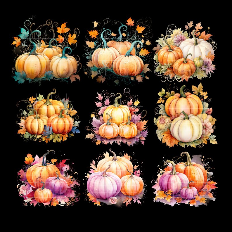 May include: Nine watercolor illustrations of pumpkins with fall foliage. Each pumpkin is a different color and shape, with some having leaves and vines around them.