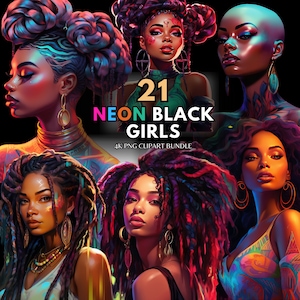 Neon Fashion Girl Clipart Bundle PNG Clipart Neon Fashion Girl Clipart Black Women Clip Art Neon Decor Colorful Dreads Png Afro Girl Clipart