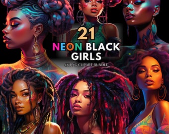 Paquete de imágenes prediseñadas de chicas afro neón, rastas coloridas PNG (descarga digital)