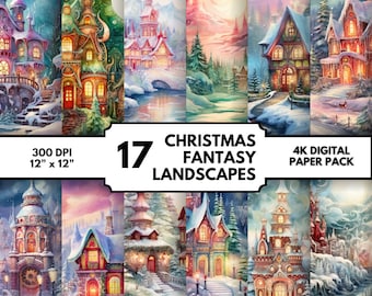 Utskrivbart digitalt akvarell julpapper PNG Akvarell vinterlandskap julpapper PNG Kommersiellt bruk 4K PNG nedladdning
