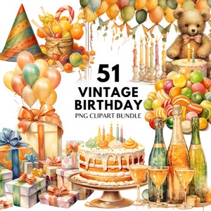 Pacote de clipart de aniversário vintage, bolo de festa, presente de aniversário, balão, feliz aniversário, cartão de aniversário, convite de aniversário, uso comercial, faça você mesmo