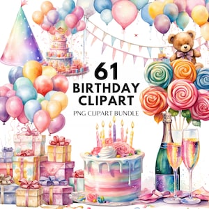 Aquarell Geburtstag Clipart Bundle Party Kuchen Geburtstagsgeschenk Ballon Alles Gute zum Geburtstag PNG Geburtstagskarte Geburtstagseinladung Kommerzielle Nutzung