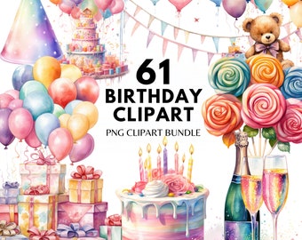 Könnte beinhalten: Eine Aquarell-Illustration von 61 Geburtstags-Clipart-Bildern. Das Clipart enthält eine Geburtstagstorte mit Kerzen, Ballons, Geschenke, eine Partymütze, einen Teddybär und eine Champagnerflasche und Gläser. Der Text "61 Birthday Clipart" und "PNG Clipart Bundle" ist im Bild enthalten.