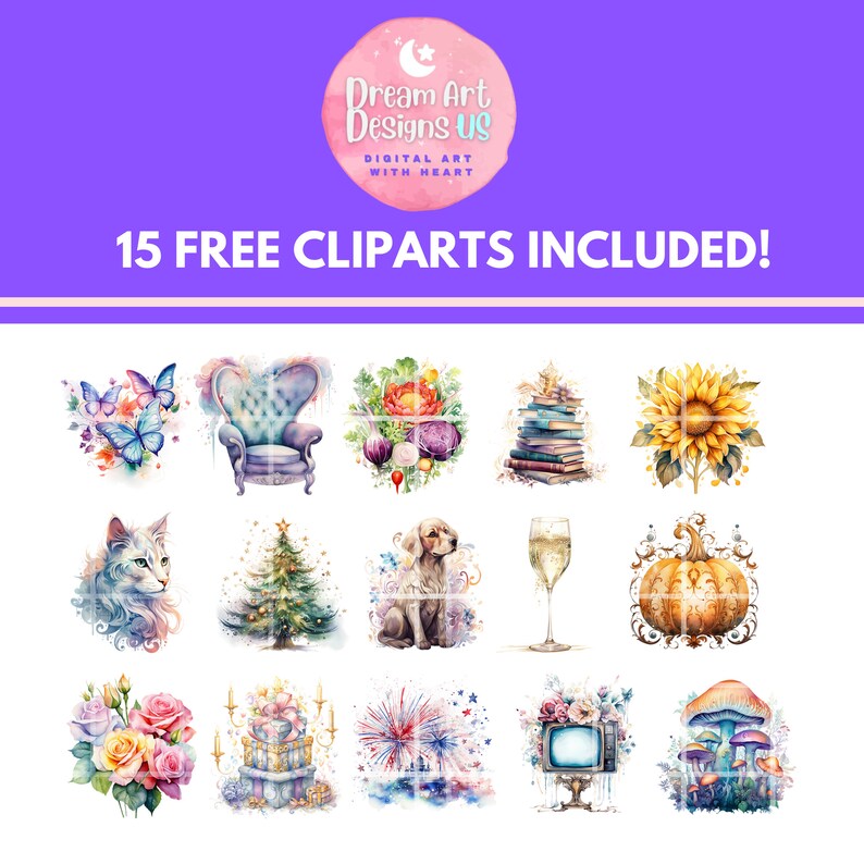 May include: A set of 15 watercolor clipart images, including a butterfly, armchair, bouquet of flowers, stack of books, sunflower, cat, Christmas tree, dog, champagne glass, pumpkin, roses, gift boxes, fireworks, television, and mushrooms.  The images are all in a watercolor style and are perfect for adding a touch of whimsy to your projects.