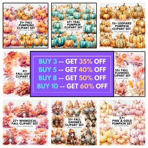 May include: A collage of digital clipart images featuring fall themes, including pumpkins, leaves, gnomes, and flowers. The text "BUY 3 -- GET 35% OFF" is displayed in a purple box.