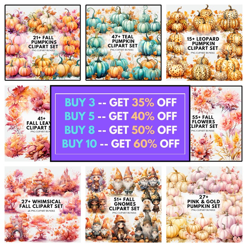 May include: A collage of digital clipart images featuring fall themes, including pumpkins, leaves, gnomes, and flowers. The text "BUY 3 -- GET 35% OFF" is displayed in a purple box.