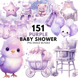 Clipart de chá de bebê aquarela roxo pacote recém-nascido clipart berçário PNG aquarela chá de bebê clipart roxo chá de bebê convite faça você mesmo
