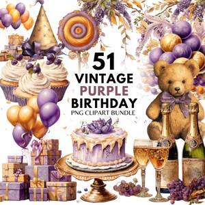 Clipart de aniversário roxo vintage pacote festa bolo presente de aniversário balão feliz aniversário cartão de aniversário convite de aniversário uso comercial