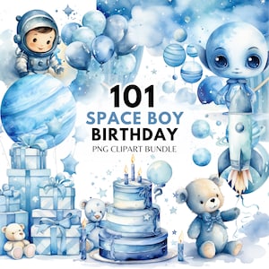 Mignon espace anniversaire Clipart Bundle astronaute Art espace garçon Clipart premier anniversaire bleu anniversaire joyeux anniversaire PNG anniversaire décor bricolage