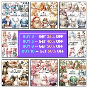 May include: A selection of Christmas-themed PNG clipart bundles. The image showcases Santa Claus, snow globes, snowmen, and festive decorations in blue, gold, silver, black & gold, pink, and green colour schemes. Text includes "Blue Christmas", "Gold Christmas", "Silver Christmas", "Black & Gold Christmas", "Pink Christmas", and "Green Christmas".