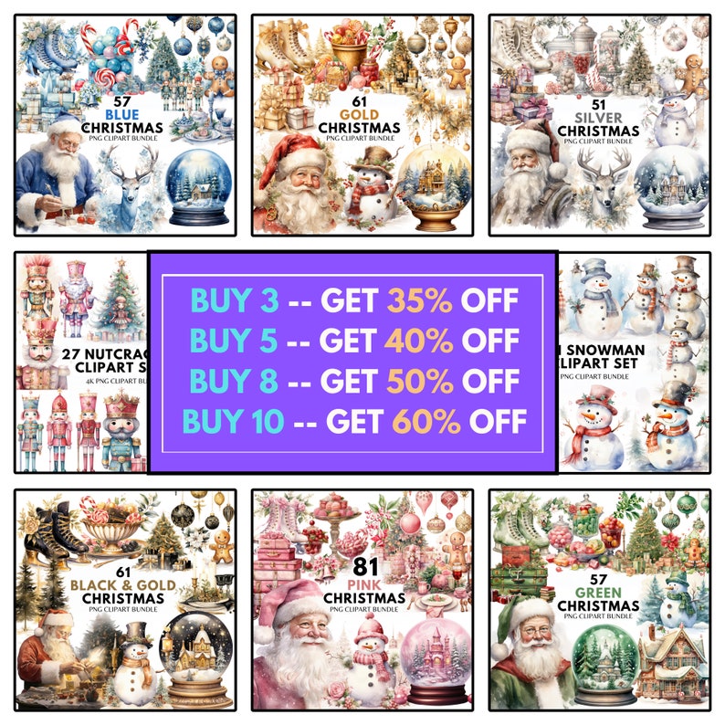 May include: A selection of Christmas-themed PNG clipart bundles. The image showcases Santa Claus, snow globes, snowmen, and festive decorations in blue, gold, silver, black & gold, pink, and green colour schemes. Text includes "Blue Christmas", "Gold Christmas", "Silver Christmas", "Black & Gold Christmas", "Pink Christmas", and "Green Christmas".