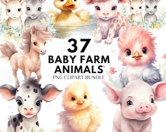 Baby Farm Animals Clipart, Watercolor Nursery PNG (Digital Download)