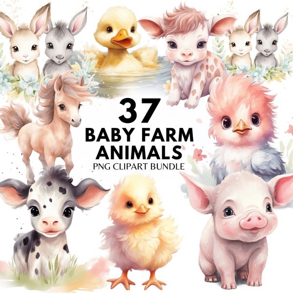 Baby Barn Animals Clipart Farm Animal Watercolor PNG Baby Animal Clipart Farm Animals Clip Art Animal Nursery Decor DIY Cute Farm Animals