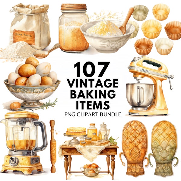 Vintage Baking Clipart Kitchen PNG Rustic Kitchen Clipart Watercolor Baking Supplies Clipart Kitchen Utensils PNG Vintage Clipart PNG Baking