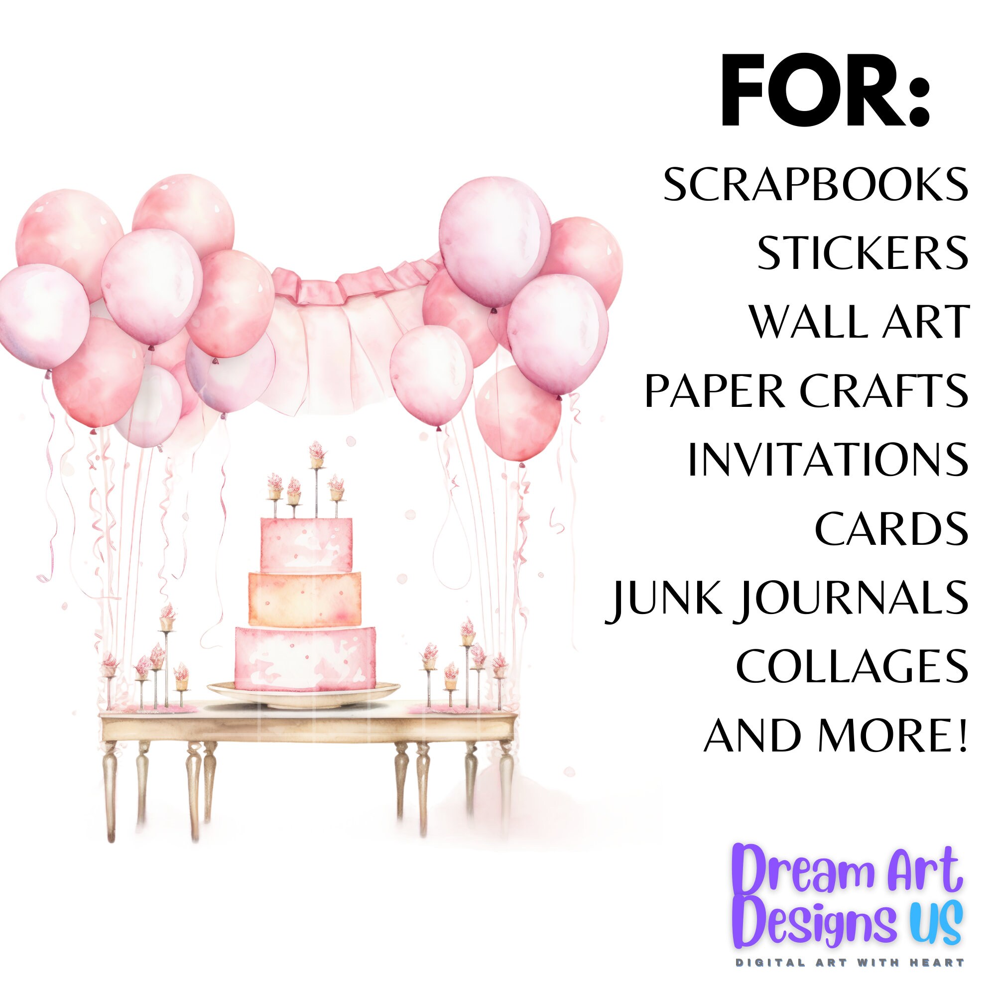 Pink Birthday Clipart Bundle Party Cake Birthday Present Balloon Happy ...