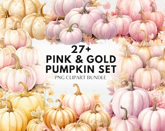 Pink Pumpkin PNG Clipart Bundle Watercolor Pink & Gold Pumpkin Clipart Colorful Pumpkin Season PNG Autumn Farmhouse Sublimation Bundle