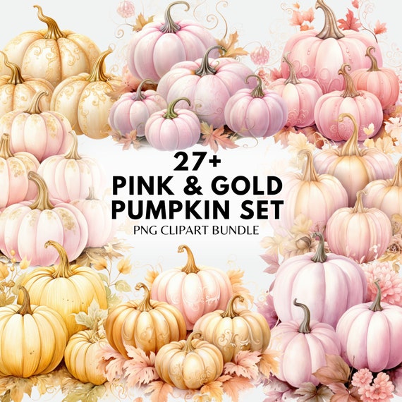 Pink Pumpkin PNG Clipart Bundle Watercolor Pink & Gold Pumpkin Clipart Colorful Pumpkin Season PNG Autumn Farmhouse Sublimation Bundle