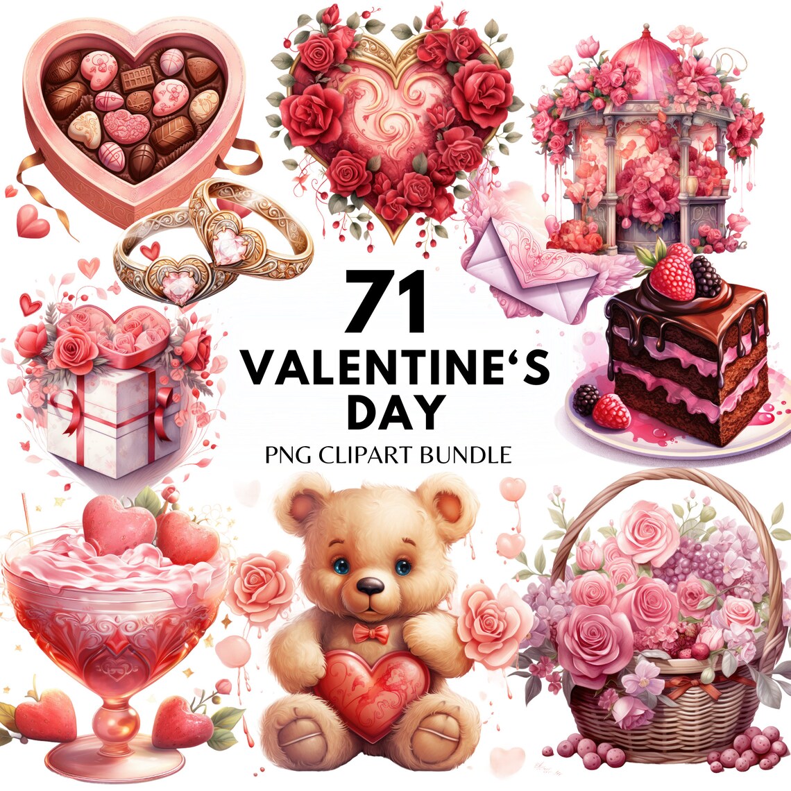 Watercolor Valentines Day Clipart PNG Valentine Clipart Sweets Bundle ...